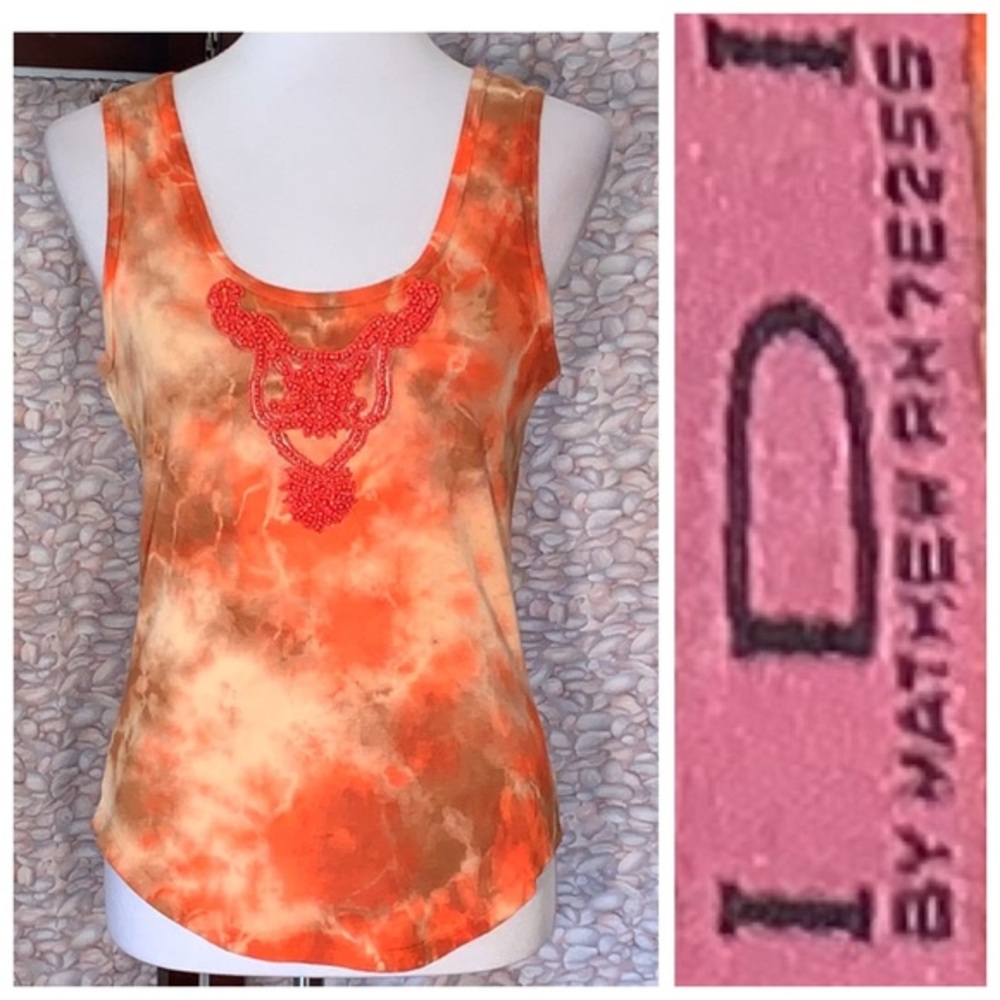 IDI by Mathew Orange “tie dye” style print and beaded tank top.